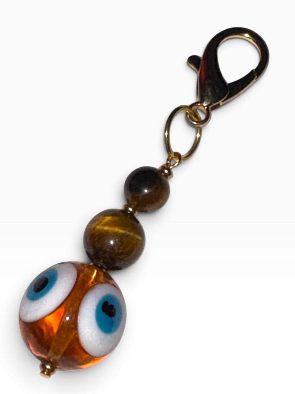 Hand Crafted Tiger’s Eye Evil Eye Glass Bead Keychain Charm in Amber & Blue